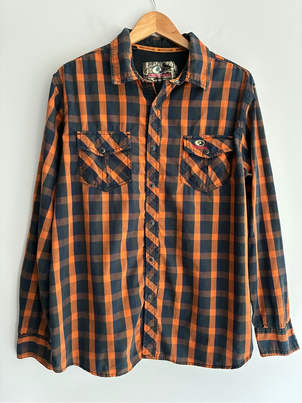 Mossy Oak Orange and Black Plaid Snap Button-Down Shirt XL